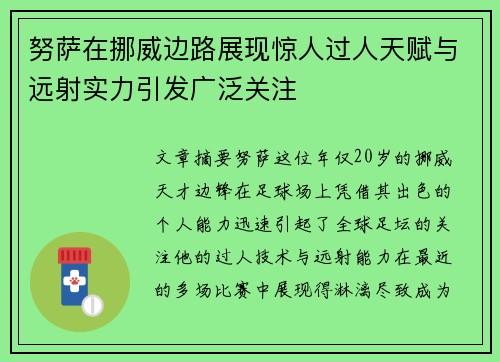努萨在挪威边路展现惊人过人天赋与远射实力引发广泛关注
